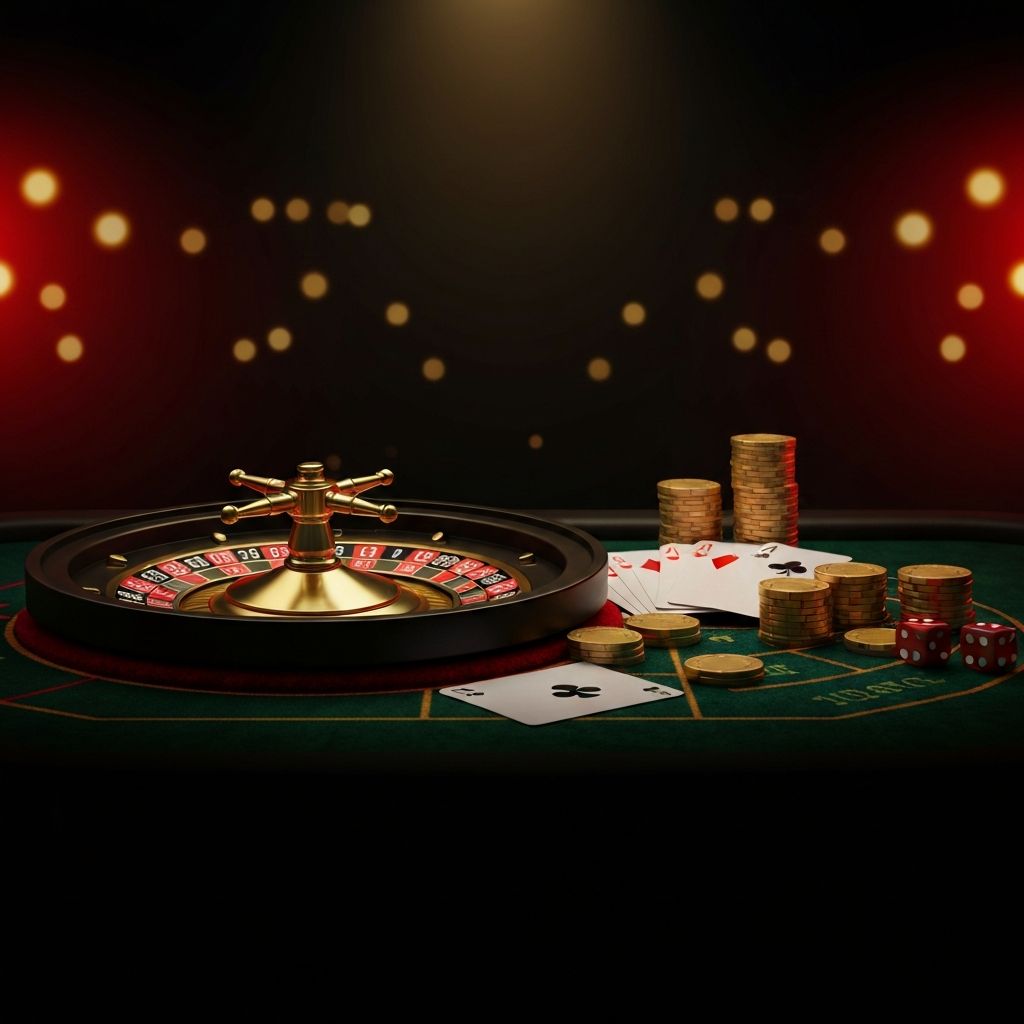 Luxurious UK VIP casino - roulette wheel, playing cards and gold chips